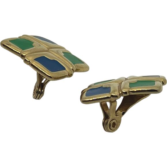 Vintage Monet Gold Clip-On Earrings with Green & Blue Enamel Diamond Shape 1980s - Picture 7 of 9